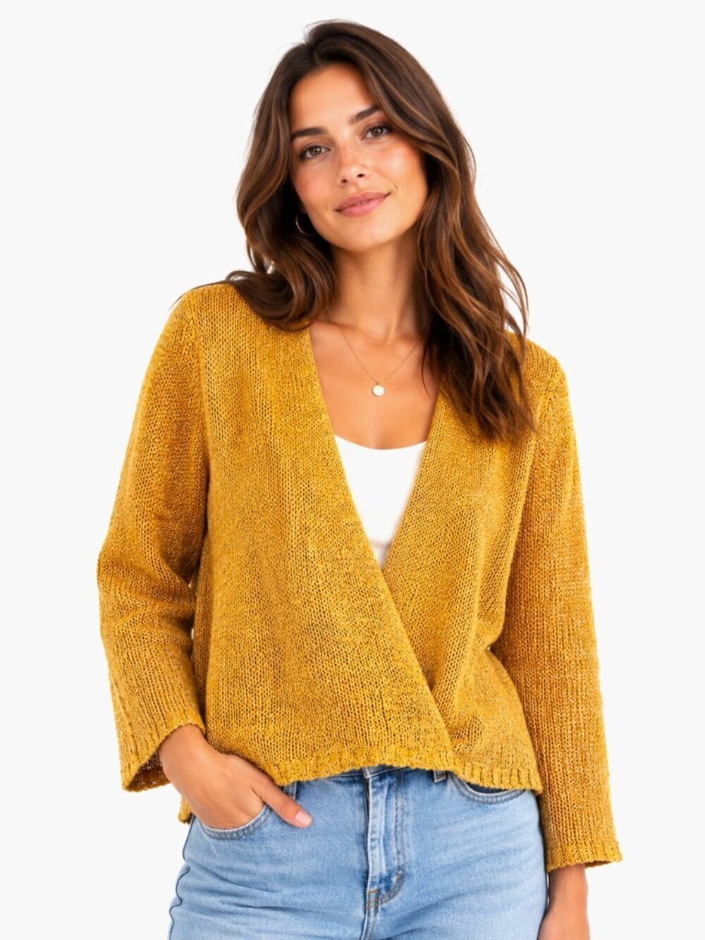 Joan Vass Golden Yellow Loose Weave Open Cardigan